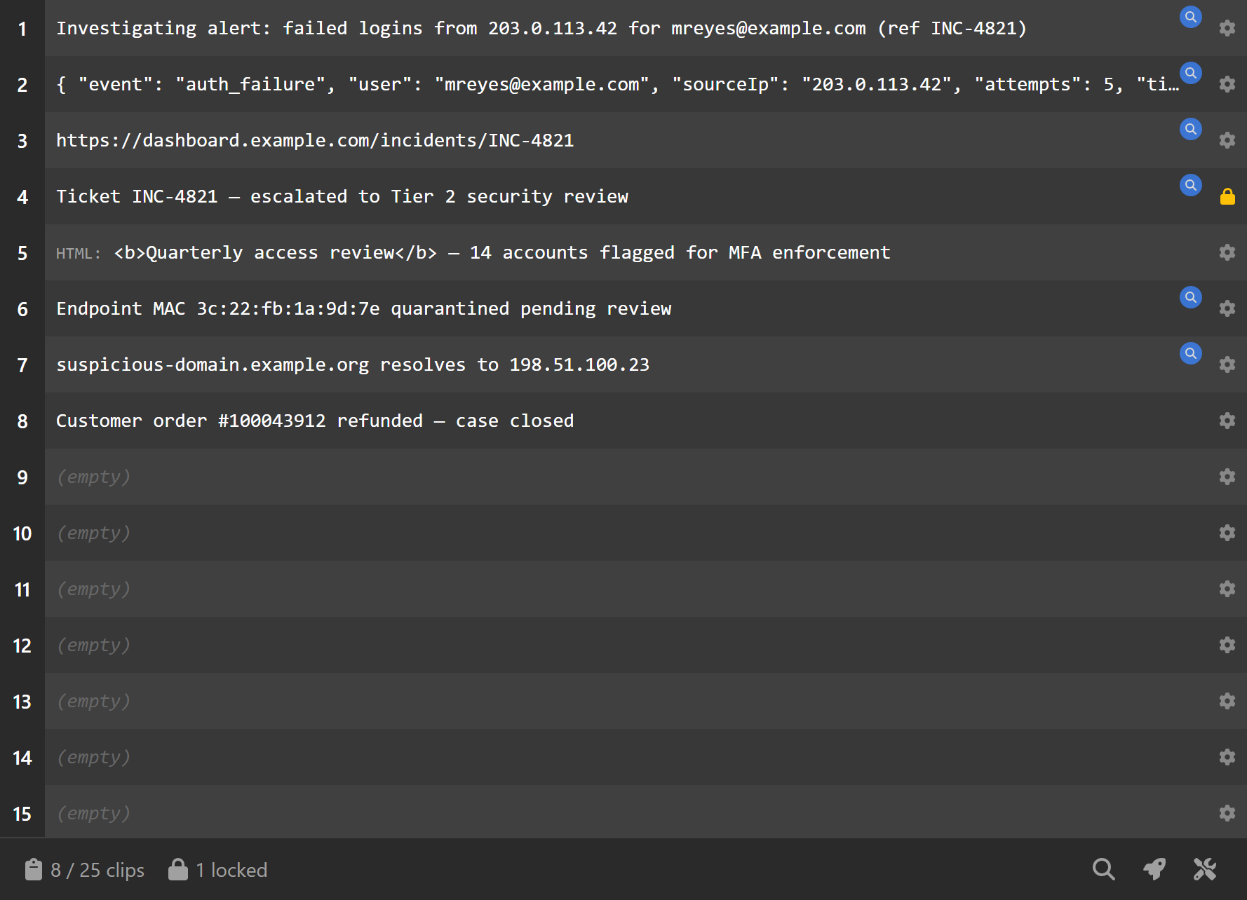 Clipless main window listing copied clips, each flagged with a scanner icon