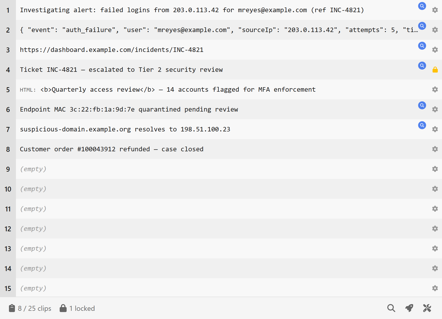 Clipless main window listing copied clips, each flagged with a scanner icon