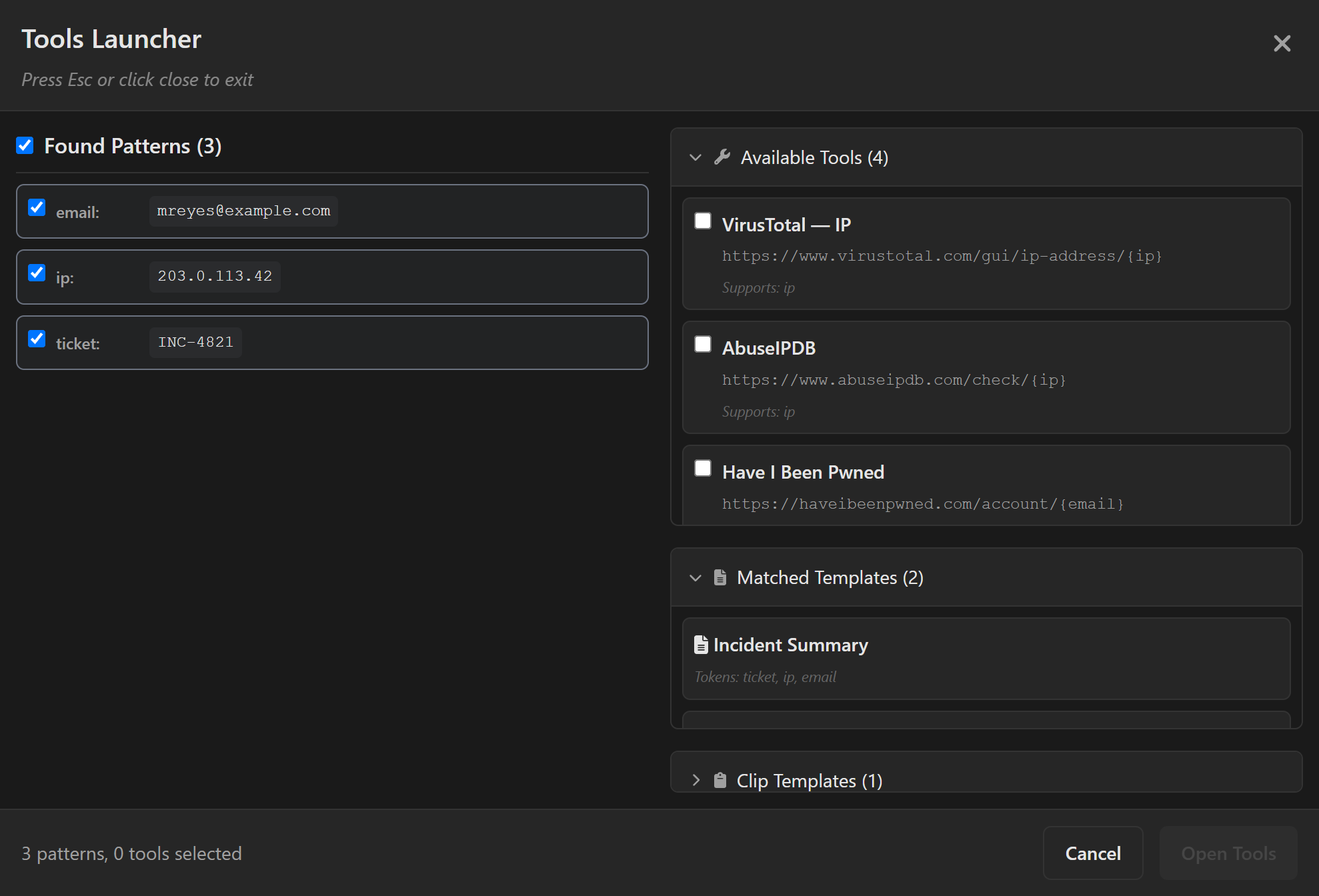Clipless Tools Launcher with found patterns on the left and matching web tools on the right