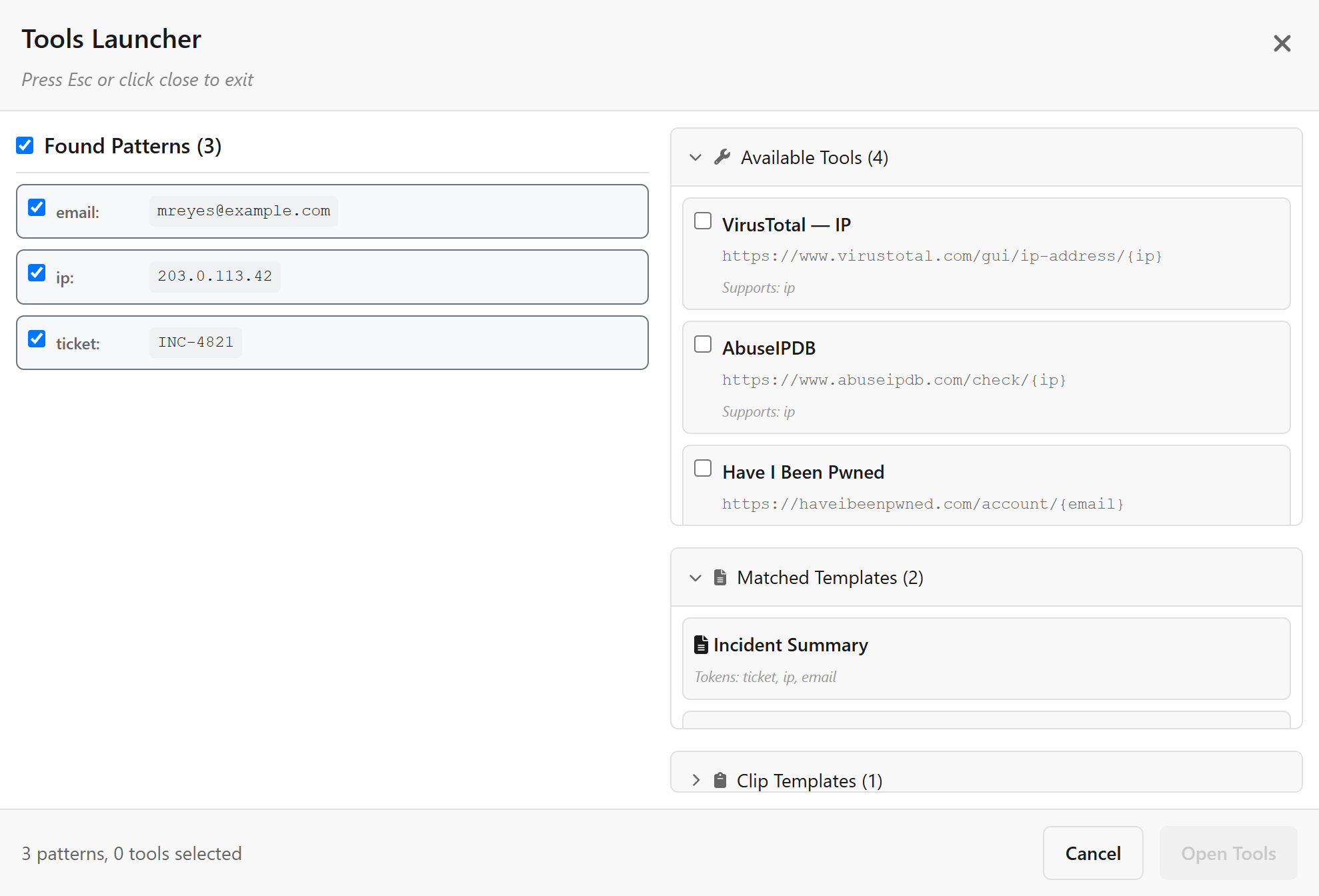 Clipless Tools Launcher with found patterns on the left and matching web tools on the right