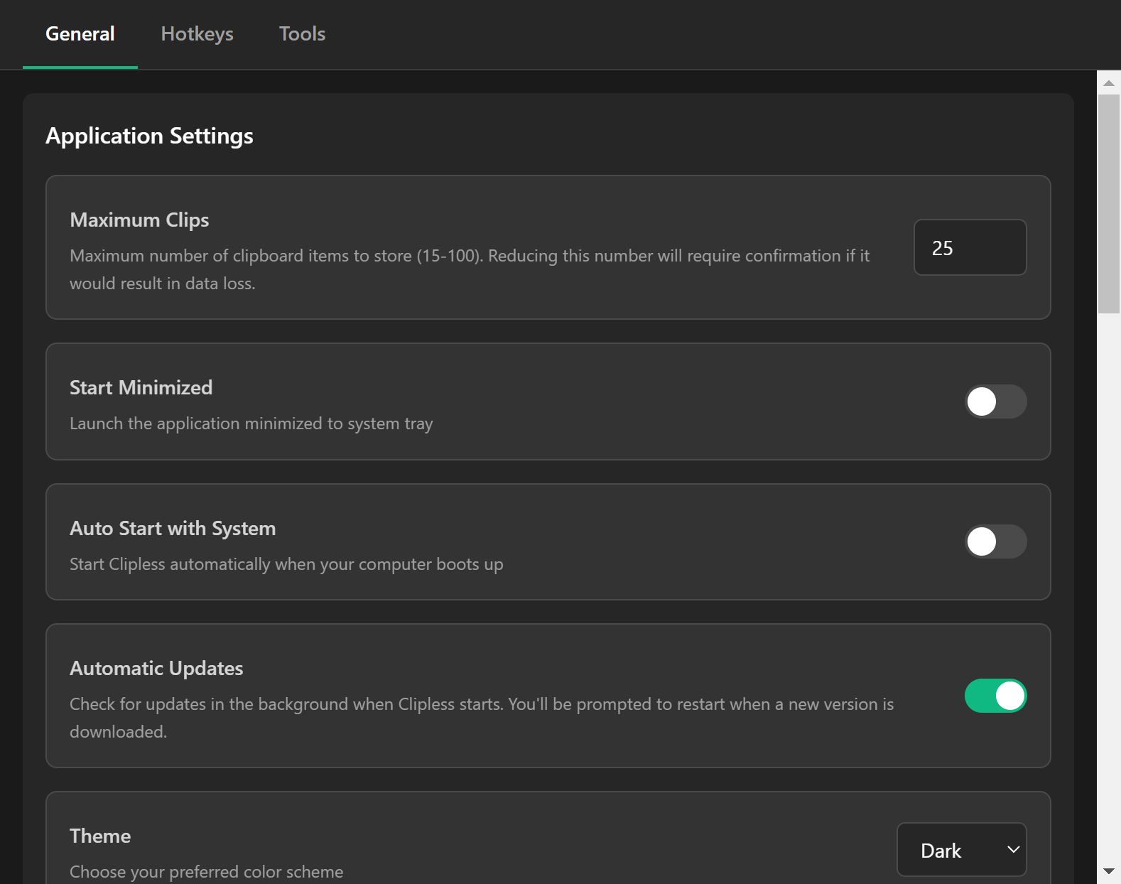 Clipless settings window showing theme and general options in dark mode