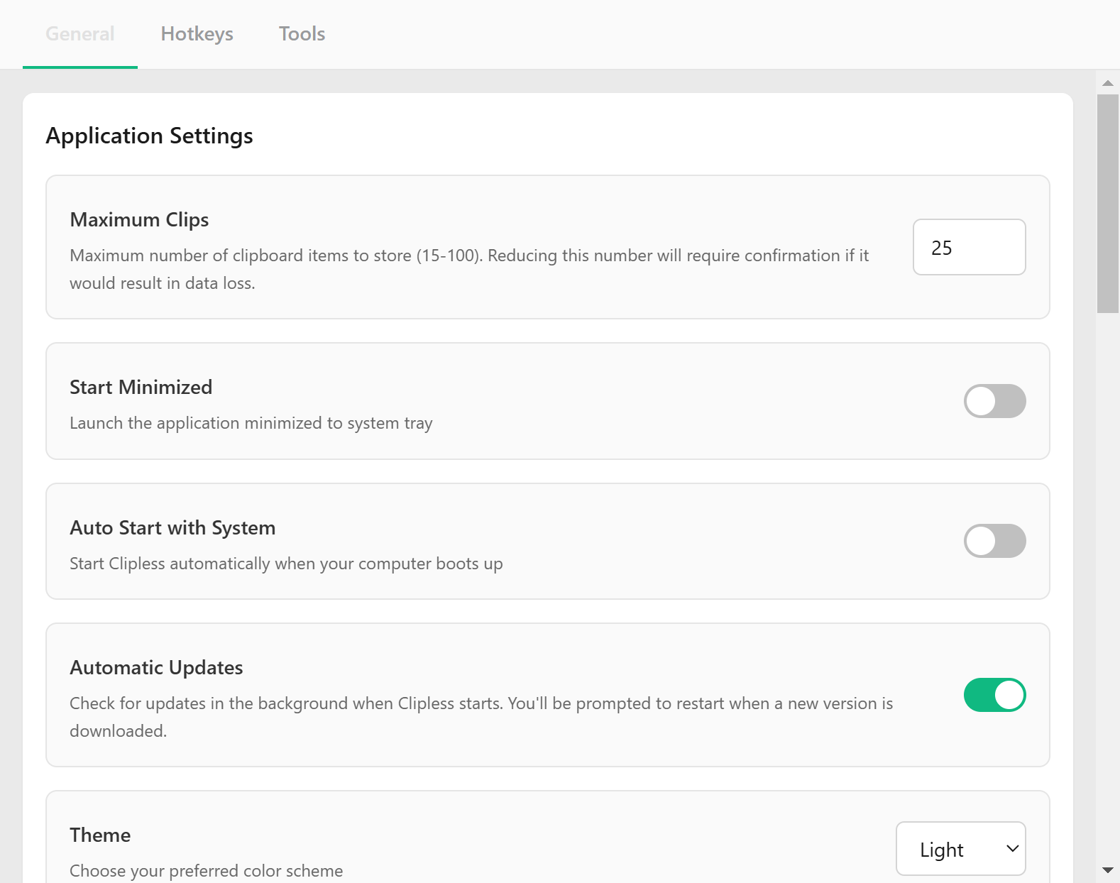 Clipless settings window showing theme and general options in light mode